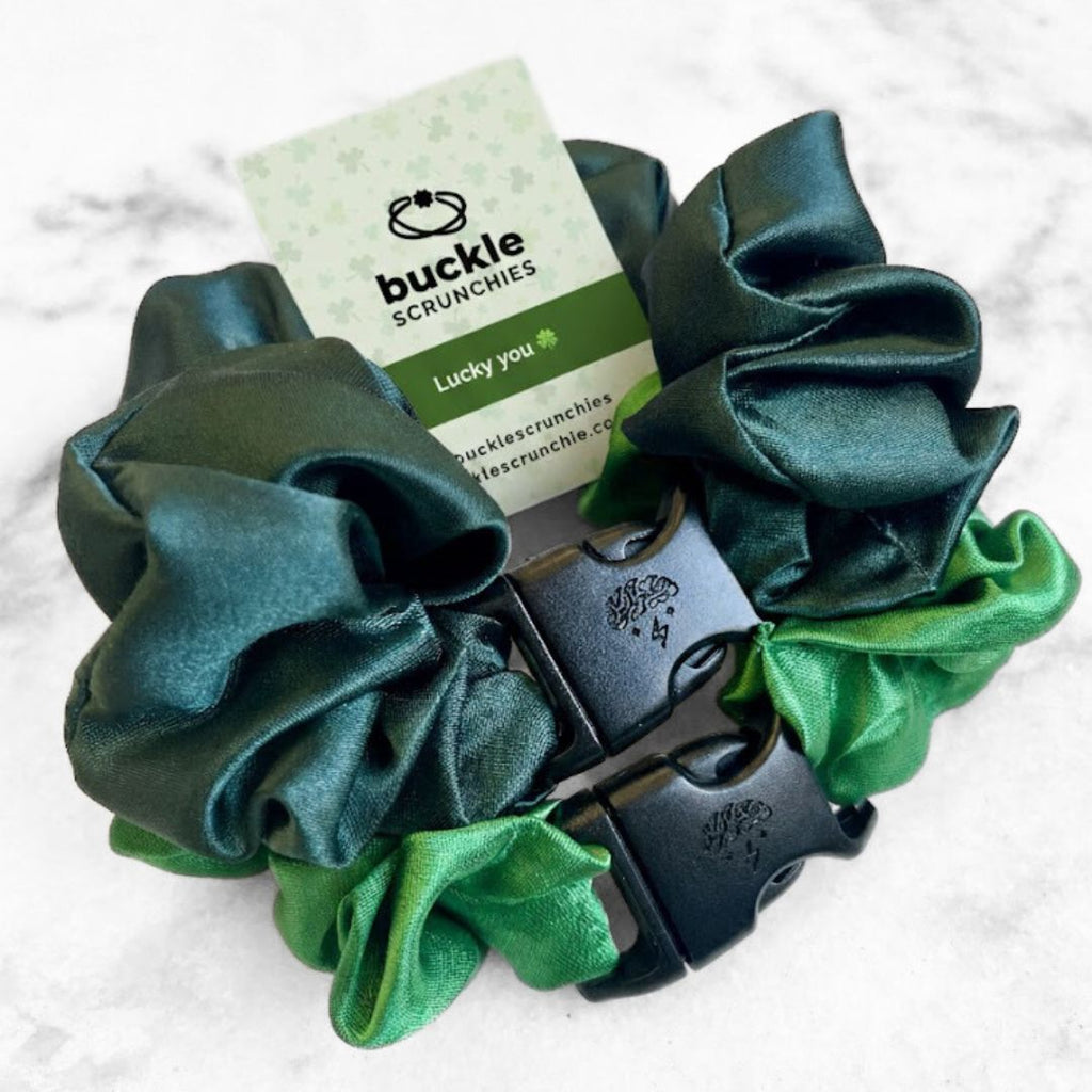 Patty's Green Duo - 2-Pack St. Patrick's Day Buckle Scrunchies - No Snagging, No Tangles Buckle Scrunchies by RE.STATEMENT