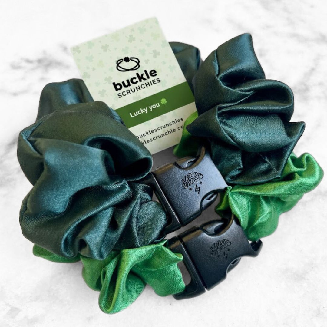Patty's Green Duo - 2-Pack St. Patrick's Day Buckle Scrunchies - No Snagging, No Tangles Buckle Scrunchies by RE.STATEMENT