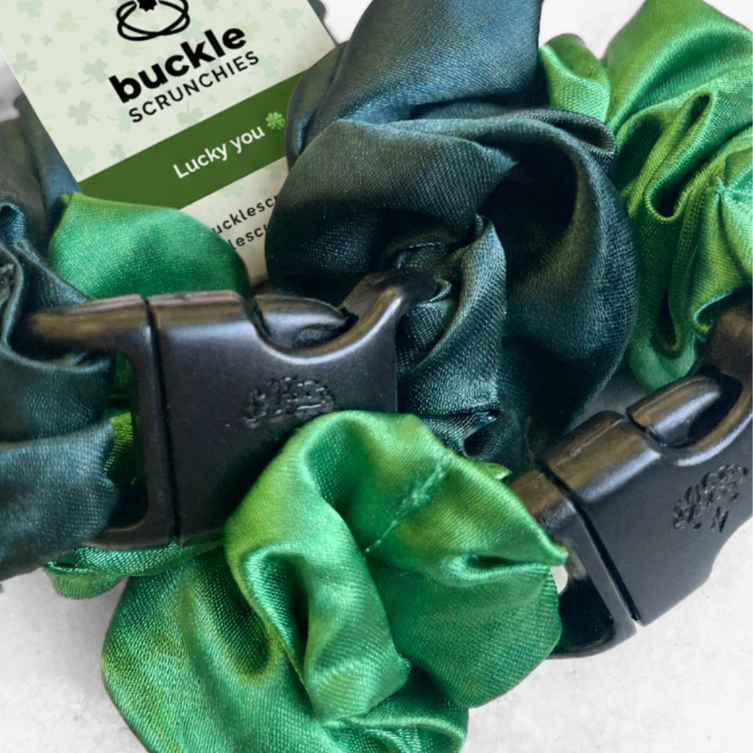 Patty's Green Duo - 2-Pack St. Patrick's Day Buckle Scrunchies - No Snagging, No Tangles Buckle Scrunchies by RE.STATEMENT