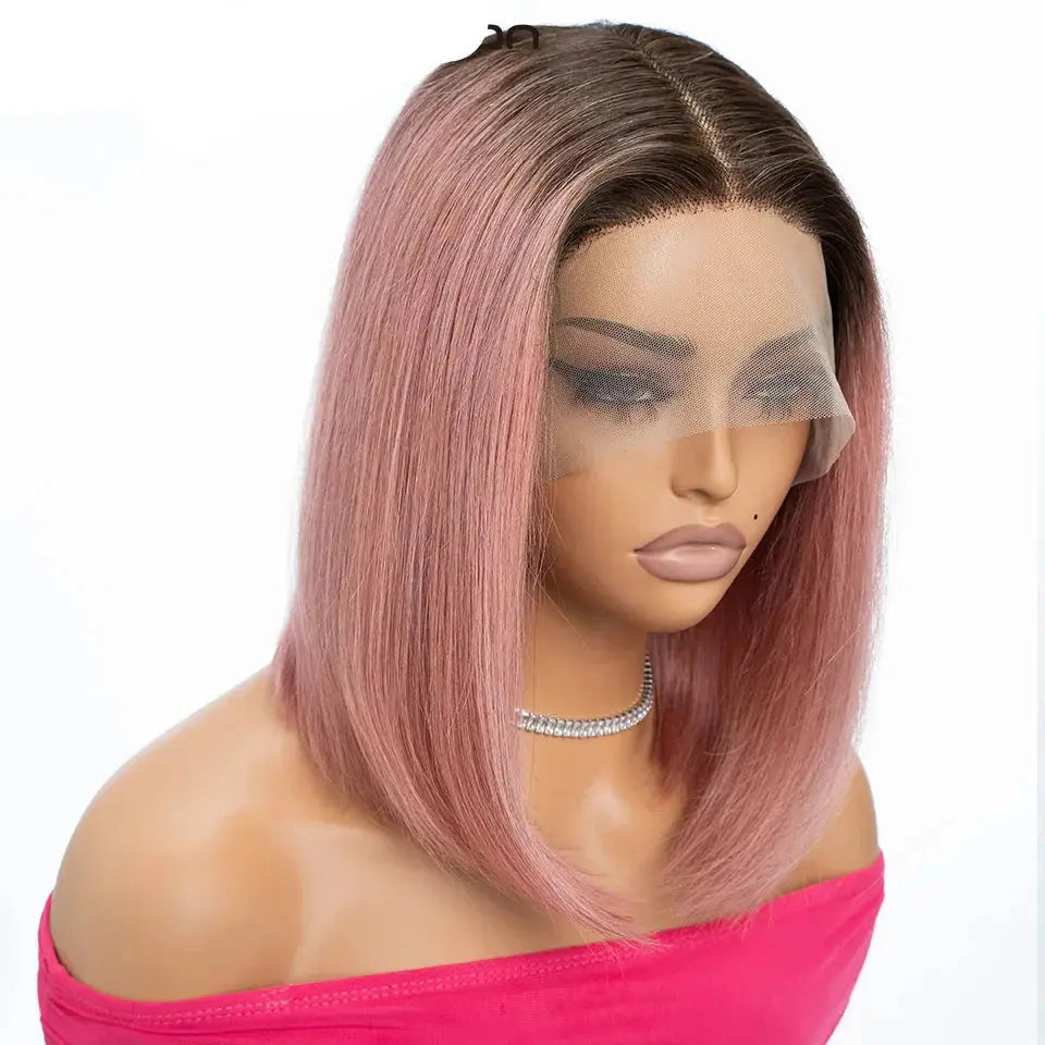 Ombre Pink & Blonde Bob Wig | Straight Human Hair T-Part Lace Front Luxegan