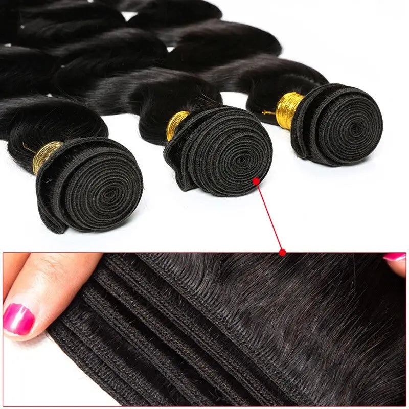 32 Inch Raw 100% Human Hair Bundles with Frontal Body Wave Human Hair Natural Black Raw Hair Bundles and Frontal For Extensions The Hair Plug