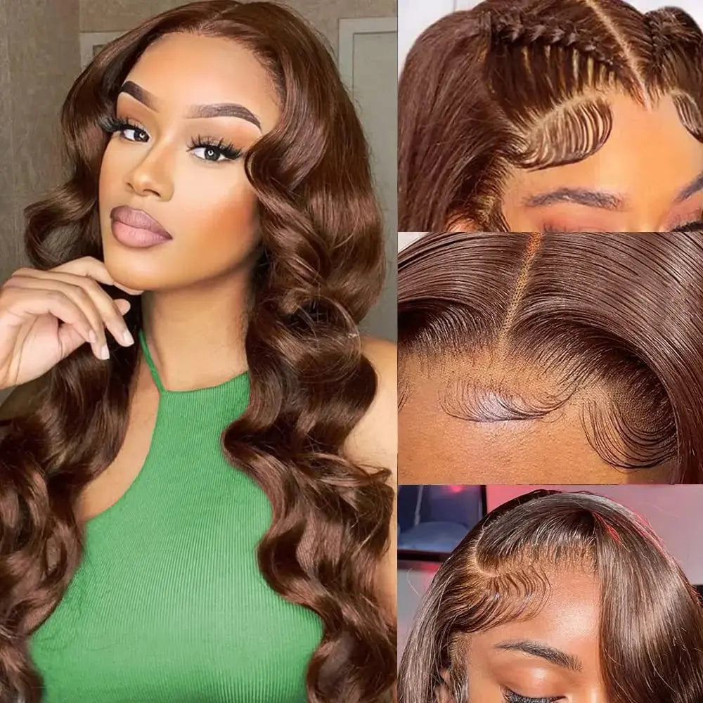 Chocolate Brown Body Wave Lace Front Wig Human Hair Pre-Plucked Brazilian Virgin Hair Bleached Knots HD Lace Frontal Wig Luxegan
