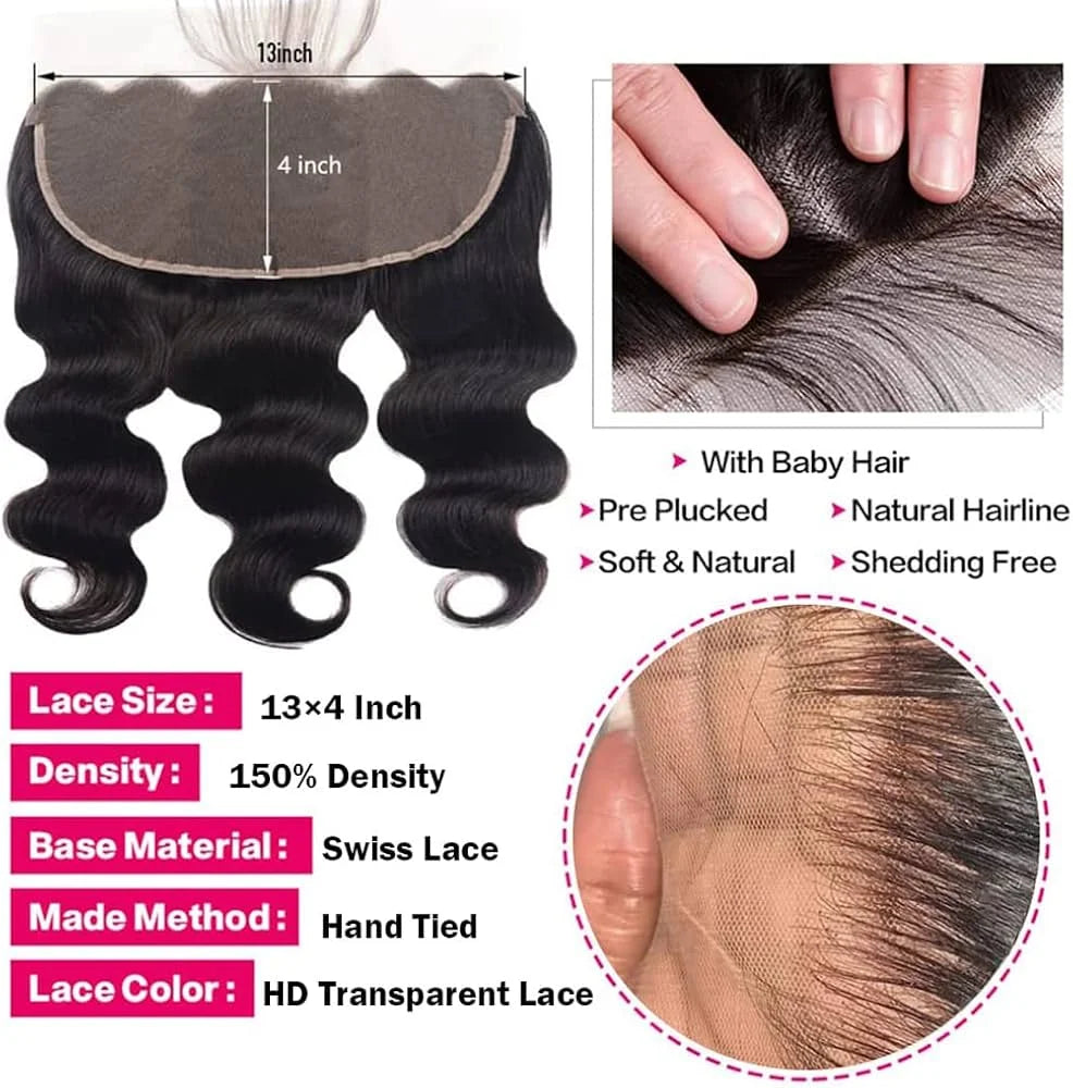 32 Inch Raw 100% Human Hair Bundles with Frontal Body Wave Human Hair Natural Black Raw Hair Bundles and Frontal For Extensions The Hair Plug