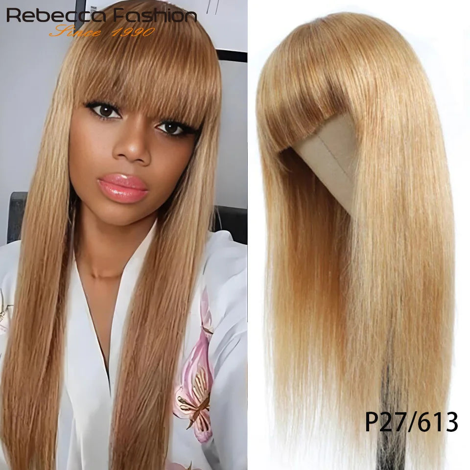 Honey Blonde Color#27/613 Straight Human Hair Wig With Bangs Highlight P4/27 For Women Brazilian Remy Hair Colored Glueless Wigs The Hair Plug