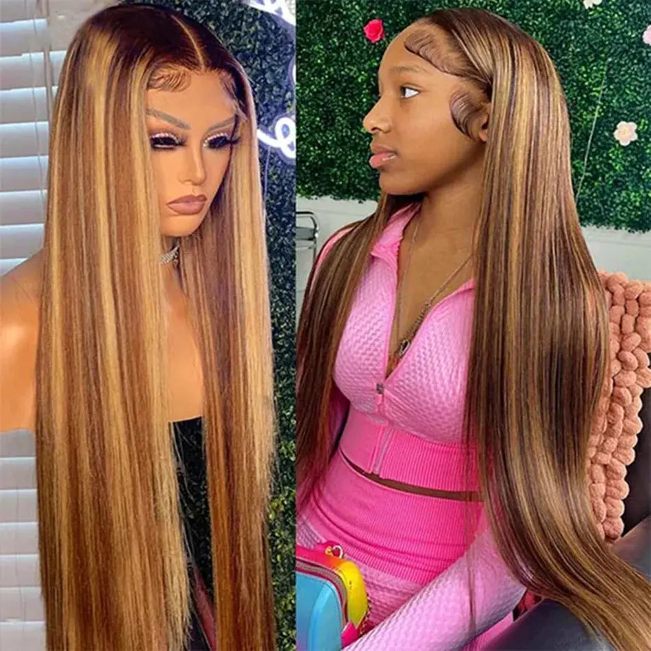 HD 13x6 Highlight Wig Human Hair Glueless Vietnamese Super Double Drown Bone Silk Straight Lace Frontal Wig Brown Lace Front Wig FJsuprise Store