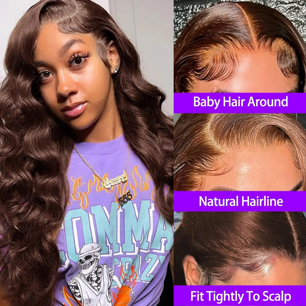 Chocolate Brown Body Wave Lace Front Wig Human Hair Pre-Plucked Brazilian Virgin Hair Bleached Knots HD Lace Frontal Wig Luxegan