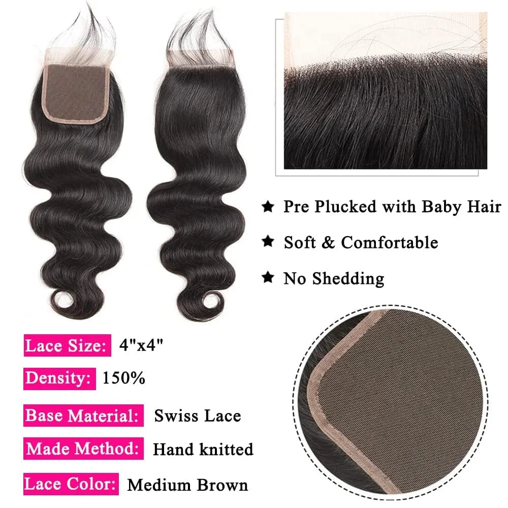 32 Inch Raw 100% Human Hair Bundles with Frontal Body Wave Human Hair Natural Black Raw Hair Bundles and Frontal For Extensions The Hair Plug