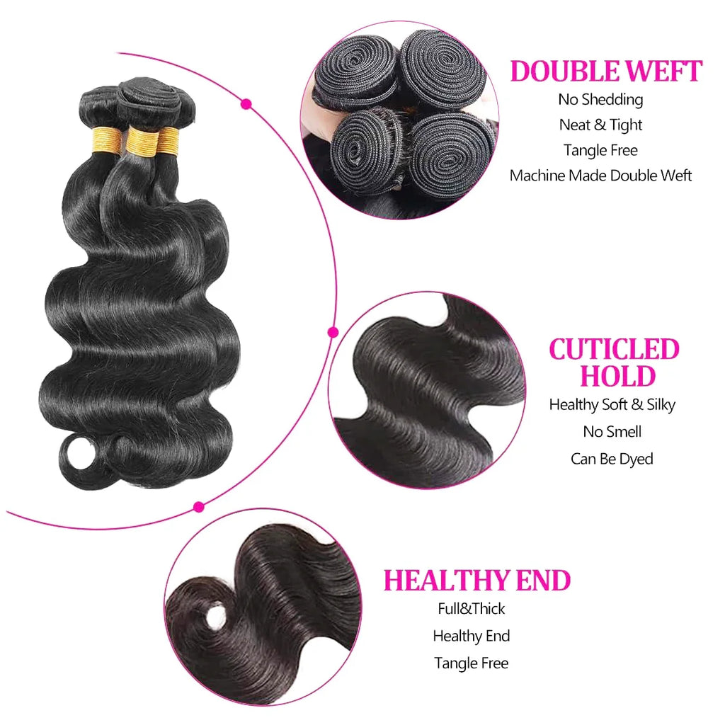 32 Inch Raw 100% Human Hair Bundles with Frontal Body Wave Human Hair Natural Black Raw Hair Bundles and Frontal For Extensions The Hair Plug