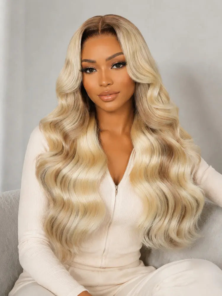 HONEY-WIG Blonde With Brown Highlights Layered Body Wave 13x4 Lace Frontal Ready To Go Wig On Dark Roots The Hair Plug