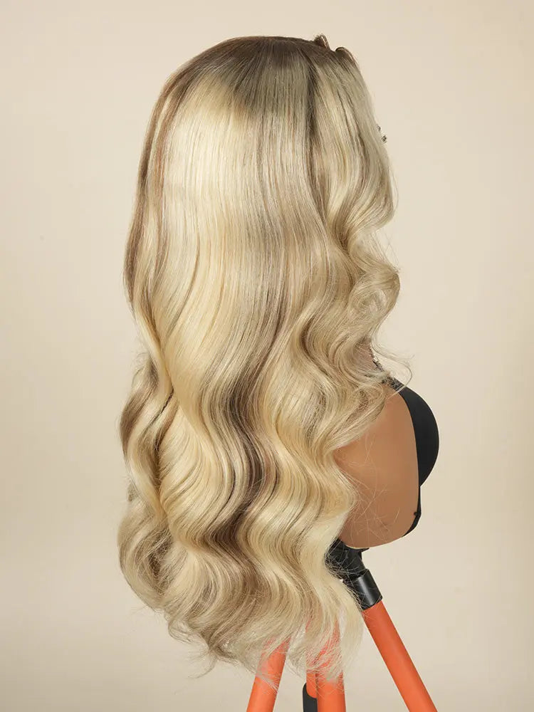 HONEY-WIG Blonde With Brown Highlights Layered Body Wave 13x4 Lace Frontal Ready To Go Wig On Dark Roots The Hair Plug