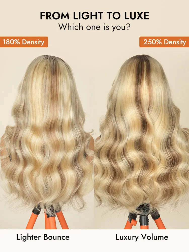 HONEY-WIG Blonde With Brown Highlights Layered Body Wave 13x4 Lace Frontal Ready To Go Wig On Dark Roots The Hair Plug