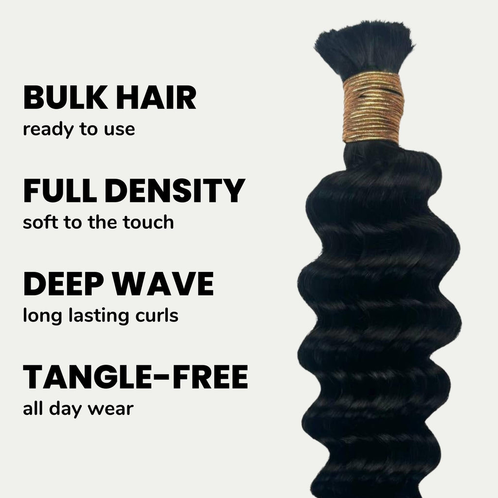 Jet Black Deep Wave Bulk 100% Human Braiding Hair Private Label