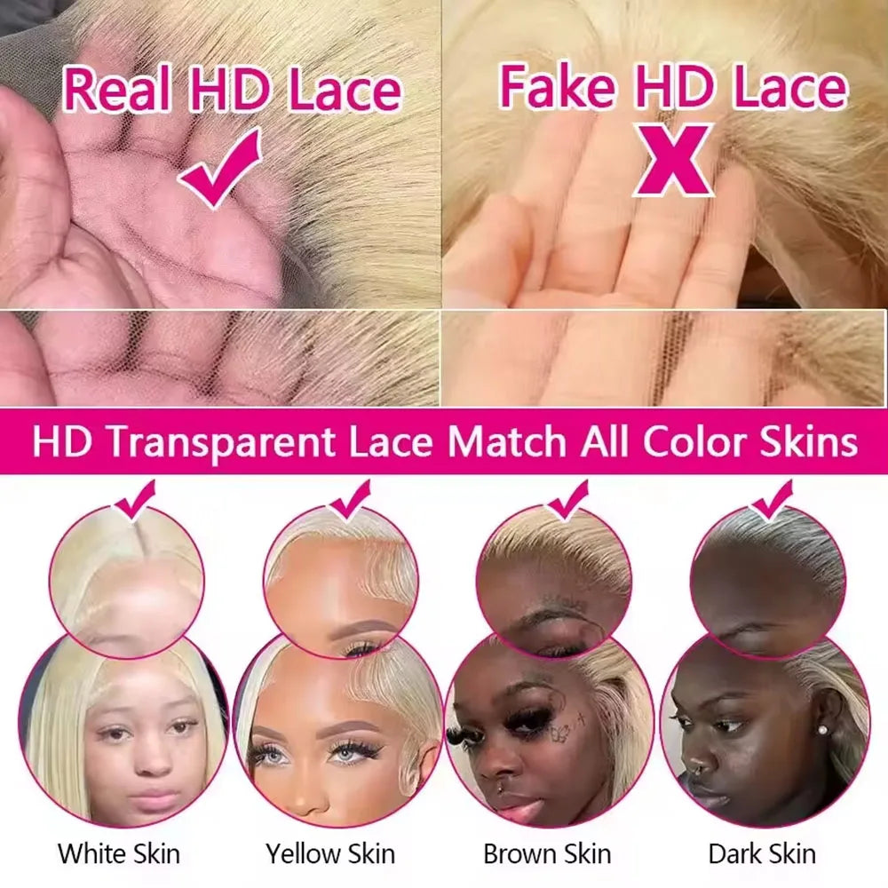 613 Blonde Short Bob Wig 13x4 HD Transparent Lace Frontal Wig Straight Hair Wig 100% Human Hair Wig 180 Density For Women The Hair Plug