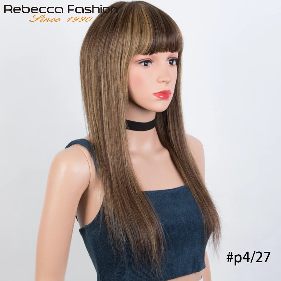 Honey Blonde Color#27/613 Straight Human Hair Wig With Bangs Highlight P4/27 For Women Brazilian Remy Hair Colored Glueless Wigs The Hair Plug