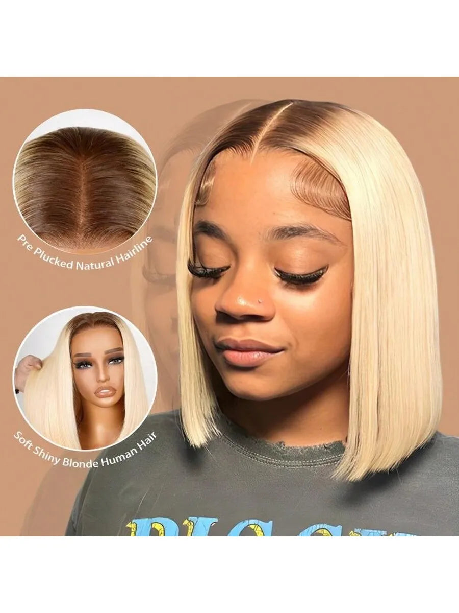 13x6 Blonde Ombre Human Hair Wigs For Women Short Straight Bob Lace Front Wig With Roots 13x4 HD Transparent Lace Remy Hair Wig The Hair Plug