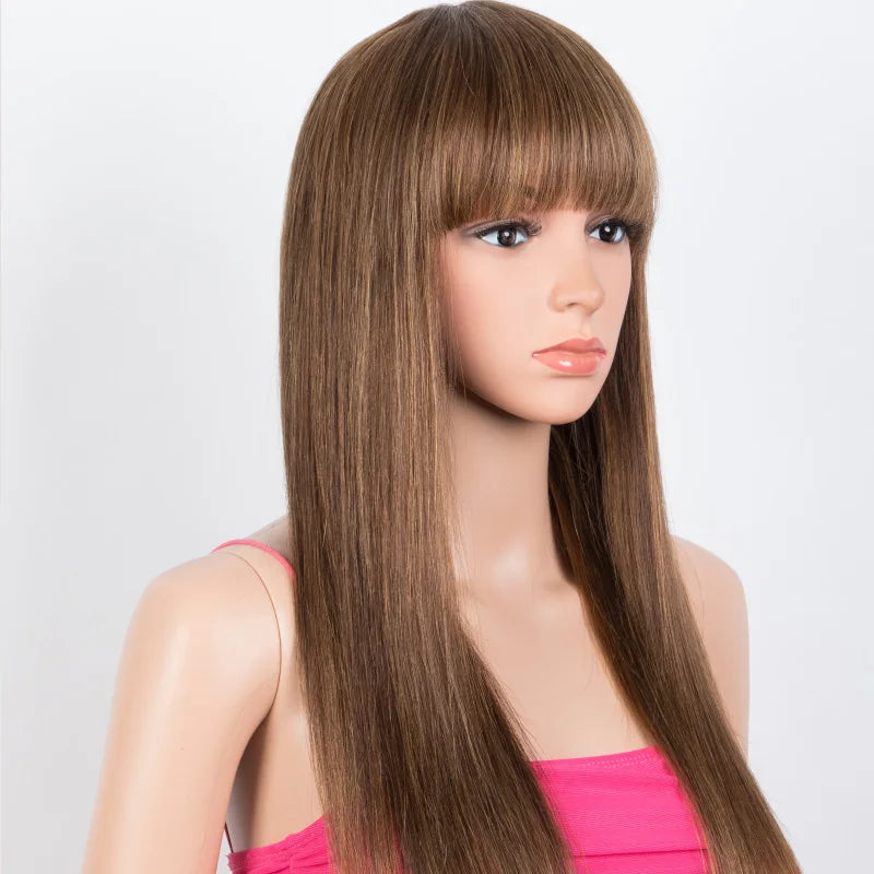 Honey Blonde Color#27/613 Straight Human Hair Wig With Bangs Highlight P4/27 For Women Brazilian Remy Hair Colored Glueless Wigs The Hair Plug