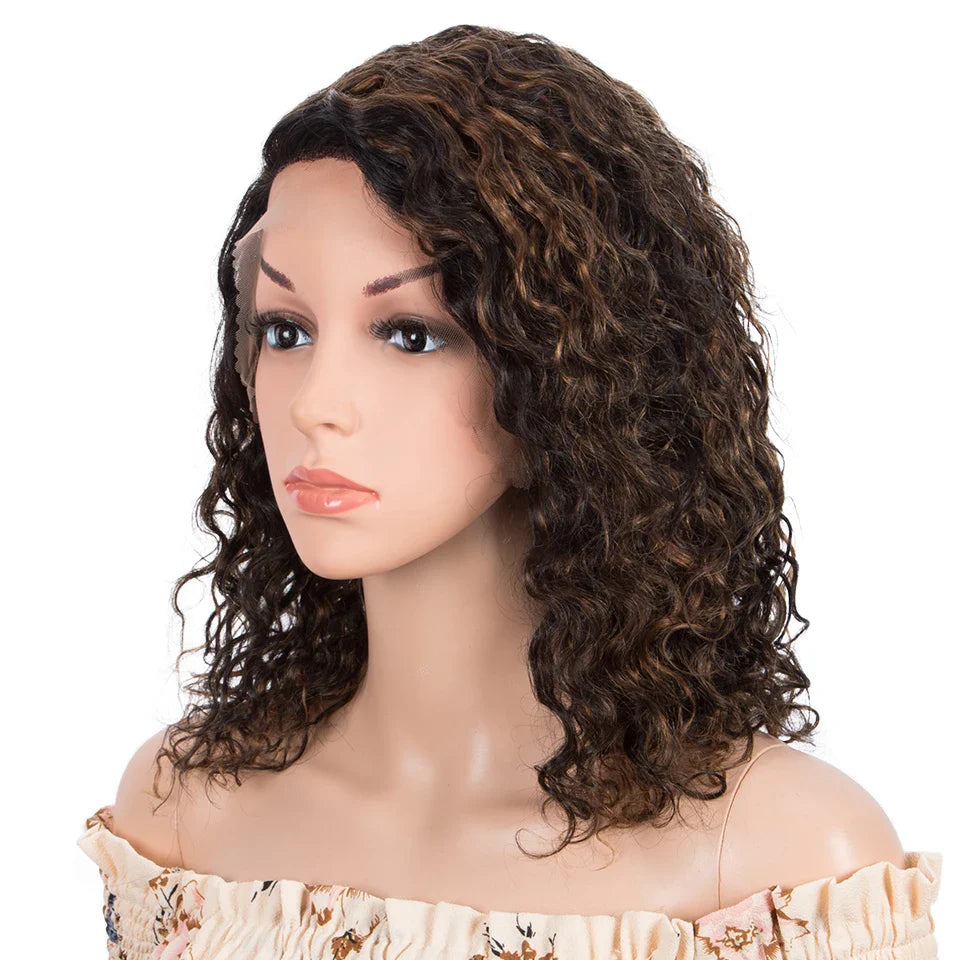 Sleek Curly Human Hair Wig | Brown Highlights | 13x1 T Part Lace Wig | Brazilian Remy Hair | Water Wave Luxegan