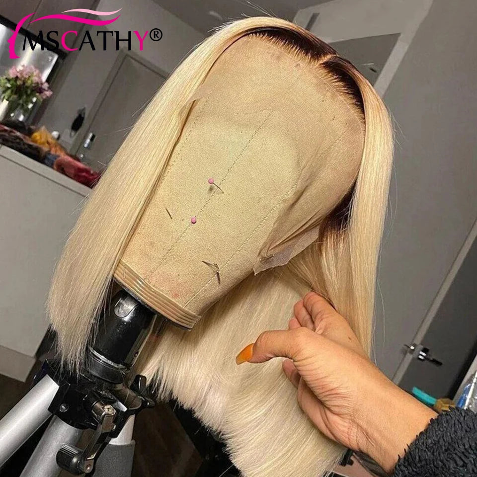 13x6 Blonde Ombre Human Hair Wigs For Women Short Straight Bob Lace Front Wig With Roots 13x4 HD Transparent Lace Remy Hair Wig The Hair Plug