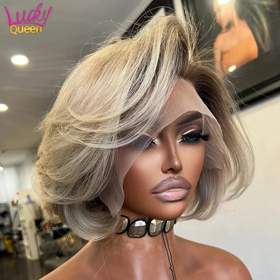 Light Gray Blonde With Brown Roots Short Bob Wig 180 Density Pre-Plucked 13x4 Lace Frontal Human Hair Wigs For Women Straight The Hair Plug