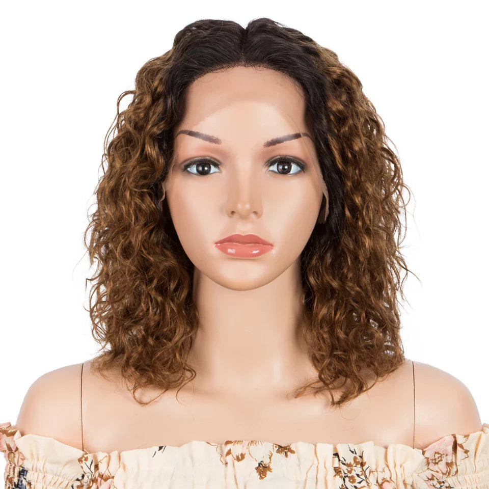 Sleek Curly Human Hair Wig | Brown Highlights | 13x1 T Part Lace Wig | Brazilian Remy Hair | Water Wave Luxegan