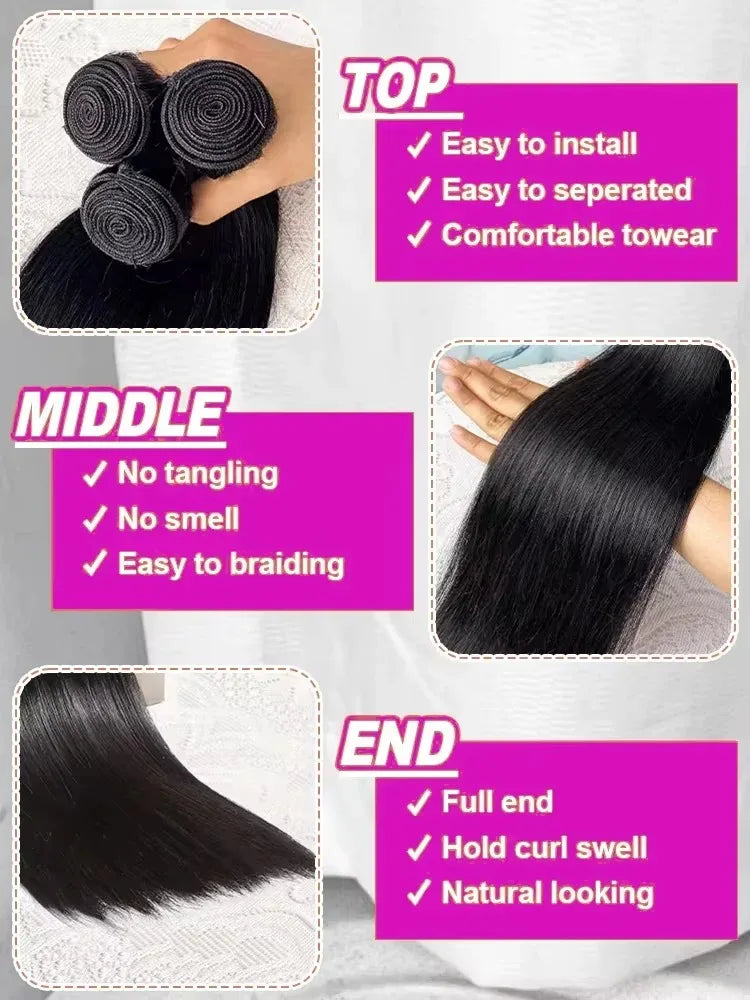Straight Human Hair Bundle Raw Hair 30 34 Inch Bundles Double Drawn Brazilian Virgin Human Hair Extension 1/3/4 Bundles The Hair Plug