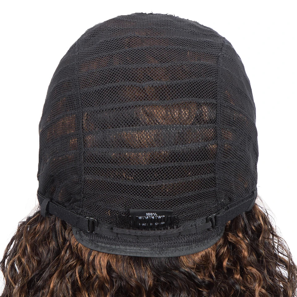 Sleek Curly Human Hair Wig | Brown Highlights | 13x1 T Part Lace Wig | Brazilian Remy Hair | Water Wave Luxegan