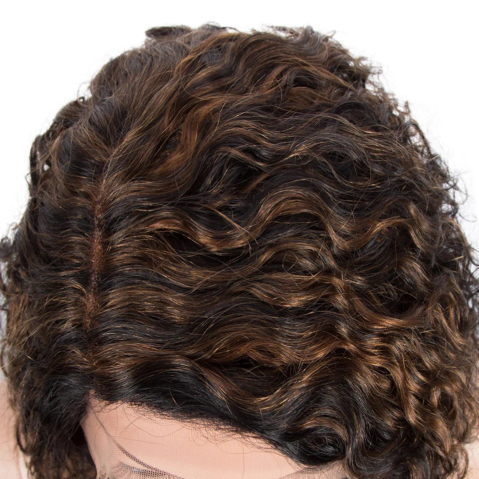 Sleek Curly Human Hair Wig | Brown Highlights | 13x1 T Part Lace Wig | Brazilian Remy Hair | Water Wave Luxegan