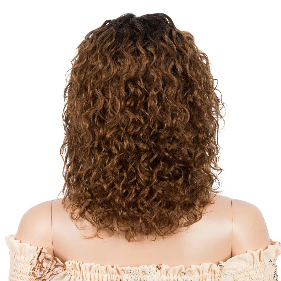Sleek Curly Human Hair Wig | Brown Highlights | 13x1 T Part Lace Wig | Brazilian Remy Hair | Water Wave Luxegan