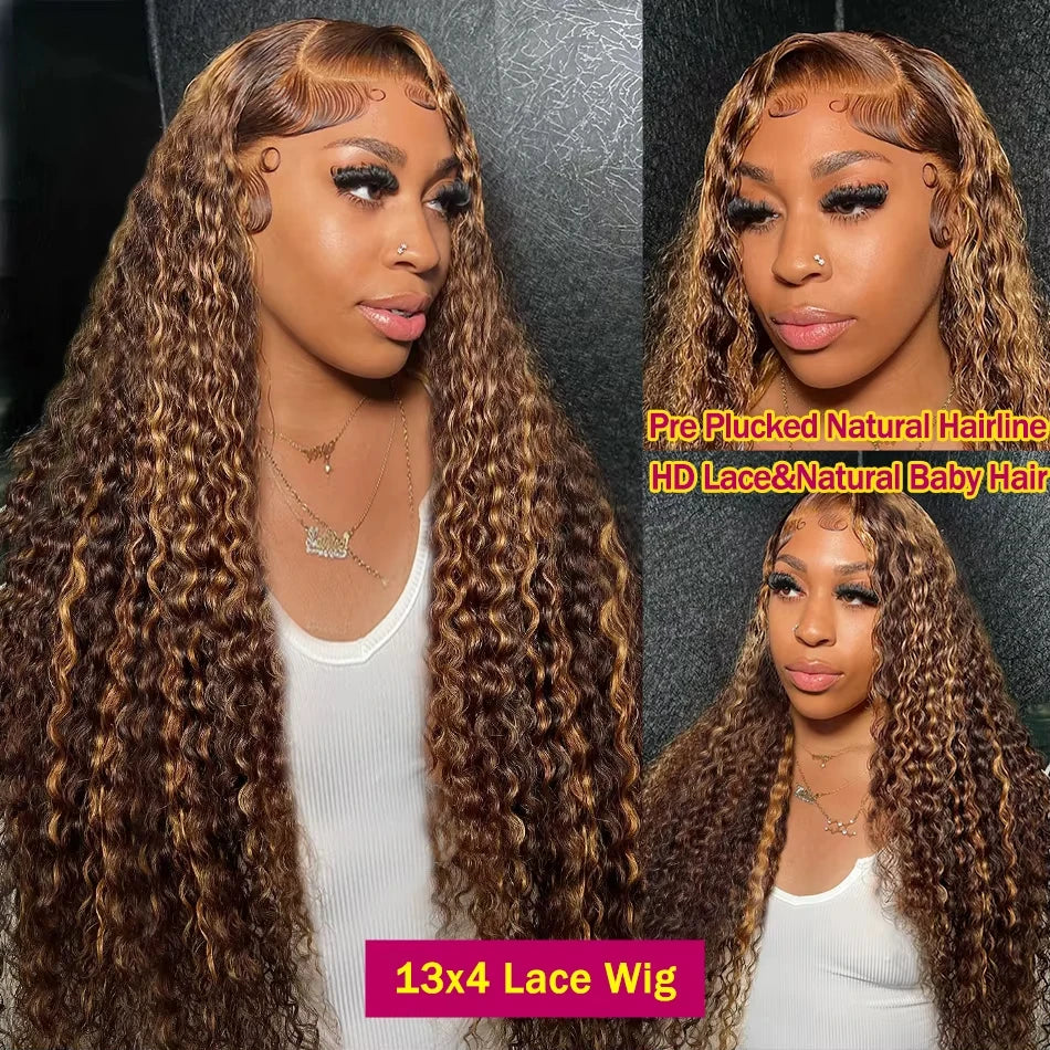 250 Density Highlight Ombre Curly 13x6 Lace Frontal Wig Human Hair 13x6 Brazilian Real Deep Wave Hd Lace Frontal Human Hair Wigs