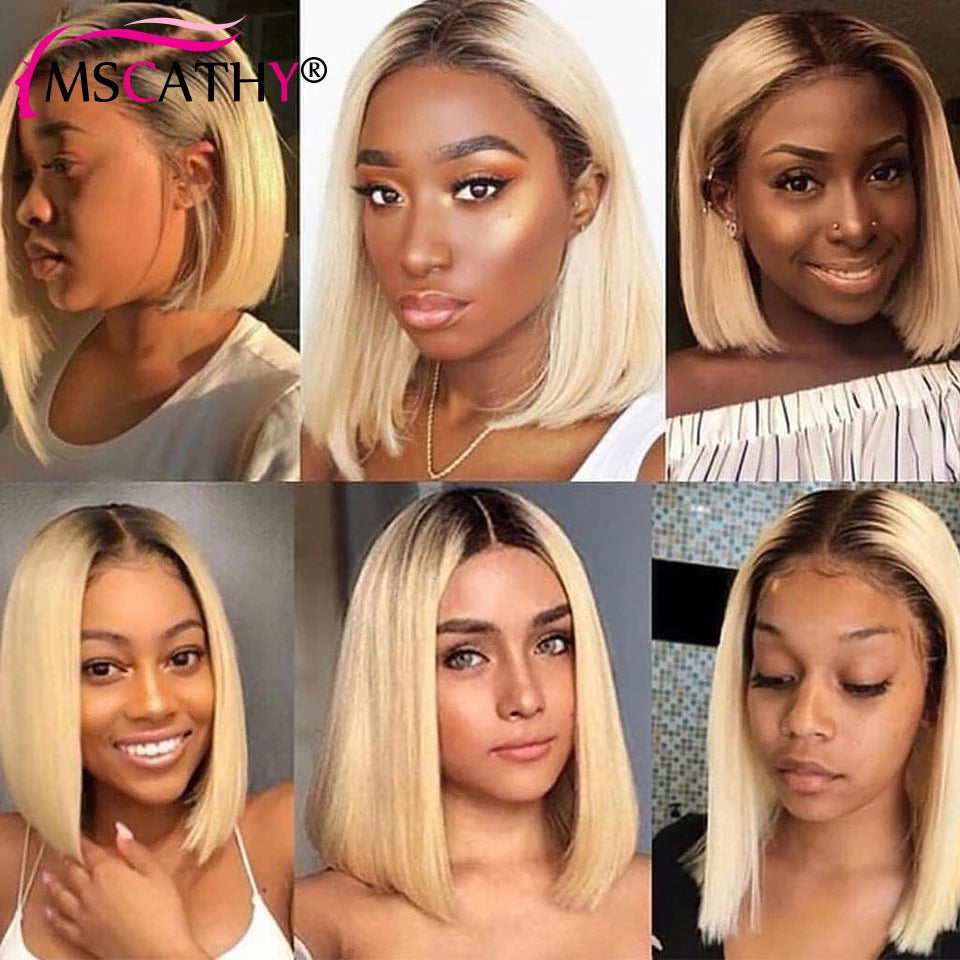 13x6 Blonde Ombre Human Hair Wigs For Women Short Straight Bob Lace Front Wig With Roots 13x4 HD Transparent Lace Remy Hair Wig The Hair Plug