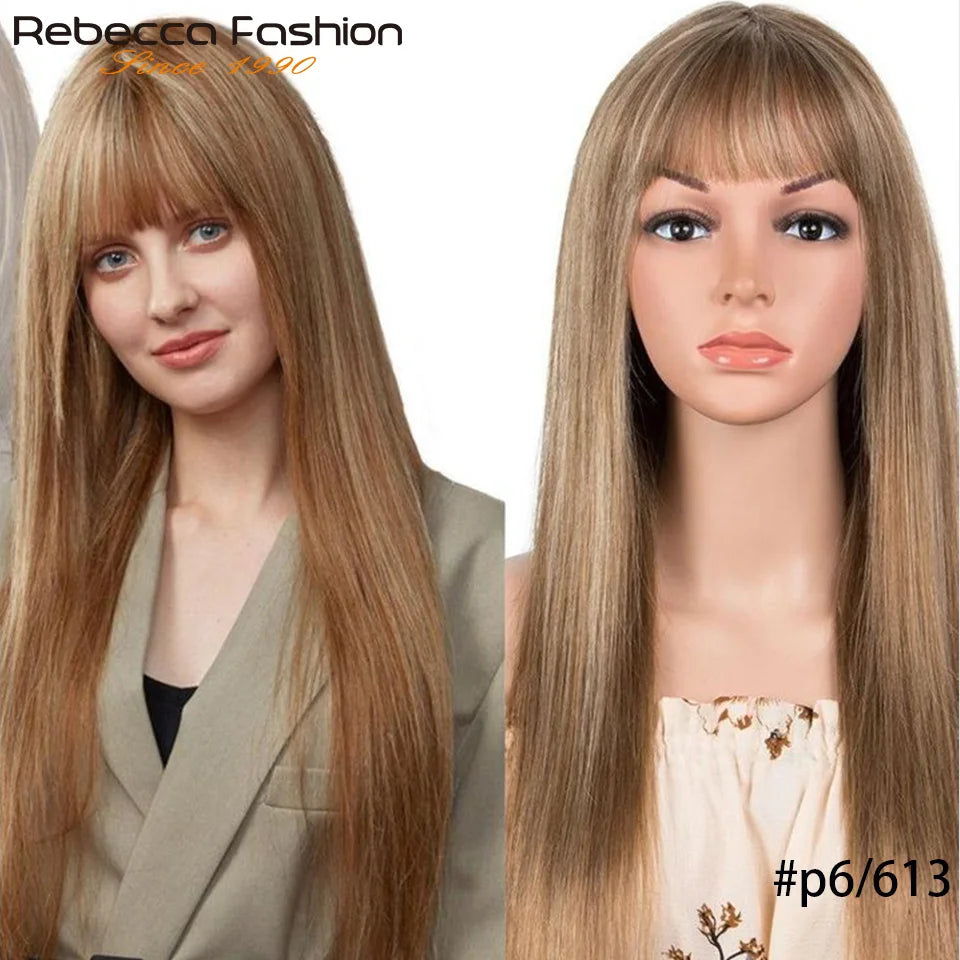 Honey Blonde Color#27/613 Straight Human Hair Wig With Bangs Highlight P4/27 For Women Brazilian Remy Hair Colored Glueless Wigs The Hair Plug