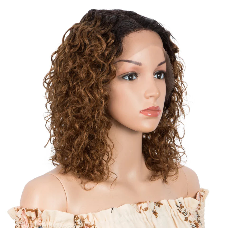 Sleek Curly Human Hair Wig | Brown Highlights | 13x1 T Part Lace Wig | Brazilian Remy Hair | Water Wave Luxegan