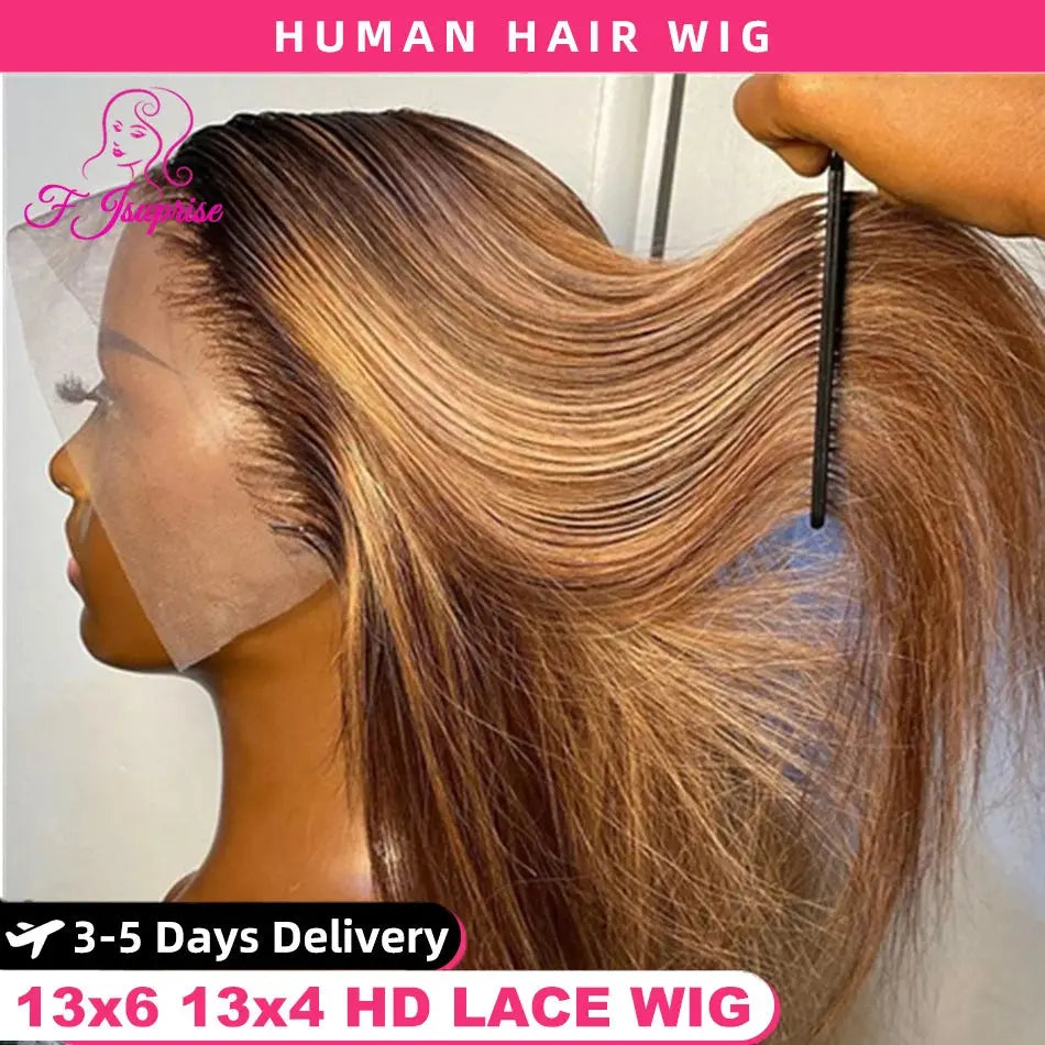 HD 13x6 Highlight Wig Human Hair Glueless Vietnamese Super Double Drown Bone Silk Straight Lace Frontal Wig Brown Lace Front Wig FJsuprise Store