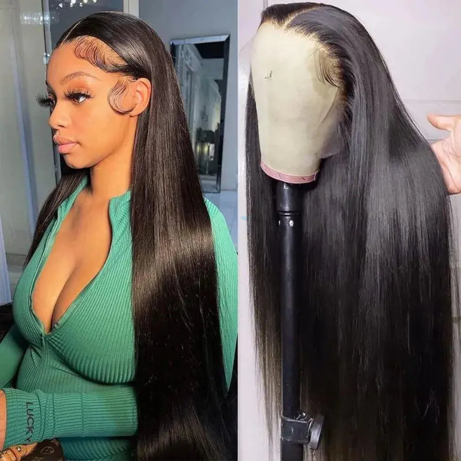Straight Human Hair Wig Glueless 220 Density 13X6 Bone Straight Wig HD Transparent Lace Front Wig Natural Black For Women 40Inch Dropshipman
