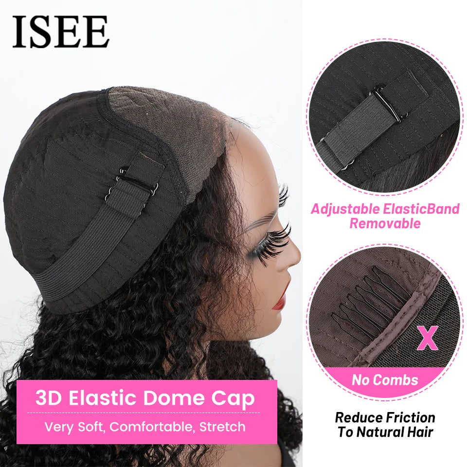ISEE Hair 9X6  Burmese Curly Glueless Wigs Natural Black Pre Bleached Human Hair  Wig M-Cap Wear Can Go Wig Pre Cut Lace The Hair Plug