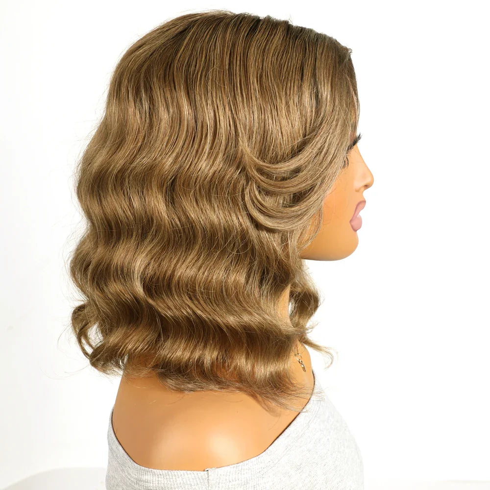 Honey Blonde Wavy Lace Front Wig with Shadow Roots | HD Lace Human Hair Wig | Multi-Parting Luxegan