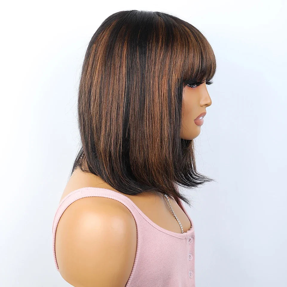 Ombre #4/27 Straight Bob Wig with Bangs | Human Hair Lace Top & Realistic Scalp Luxegan