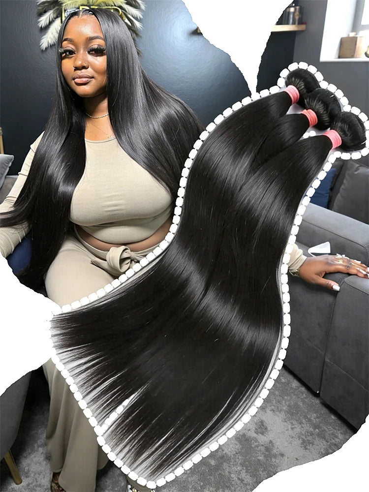Straight Human Hair Bundle Raw Hair 30 34 Inch Bundles Double Drawn Brazilian Virgin Human Hair Extension 1/3/4 Bundles The Hair Plug