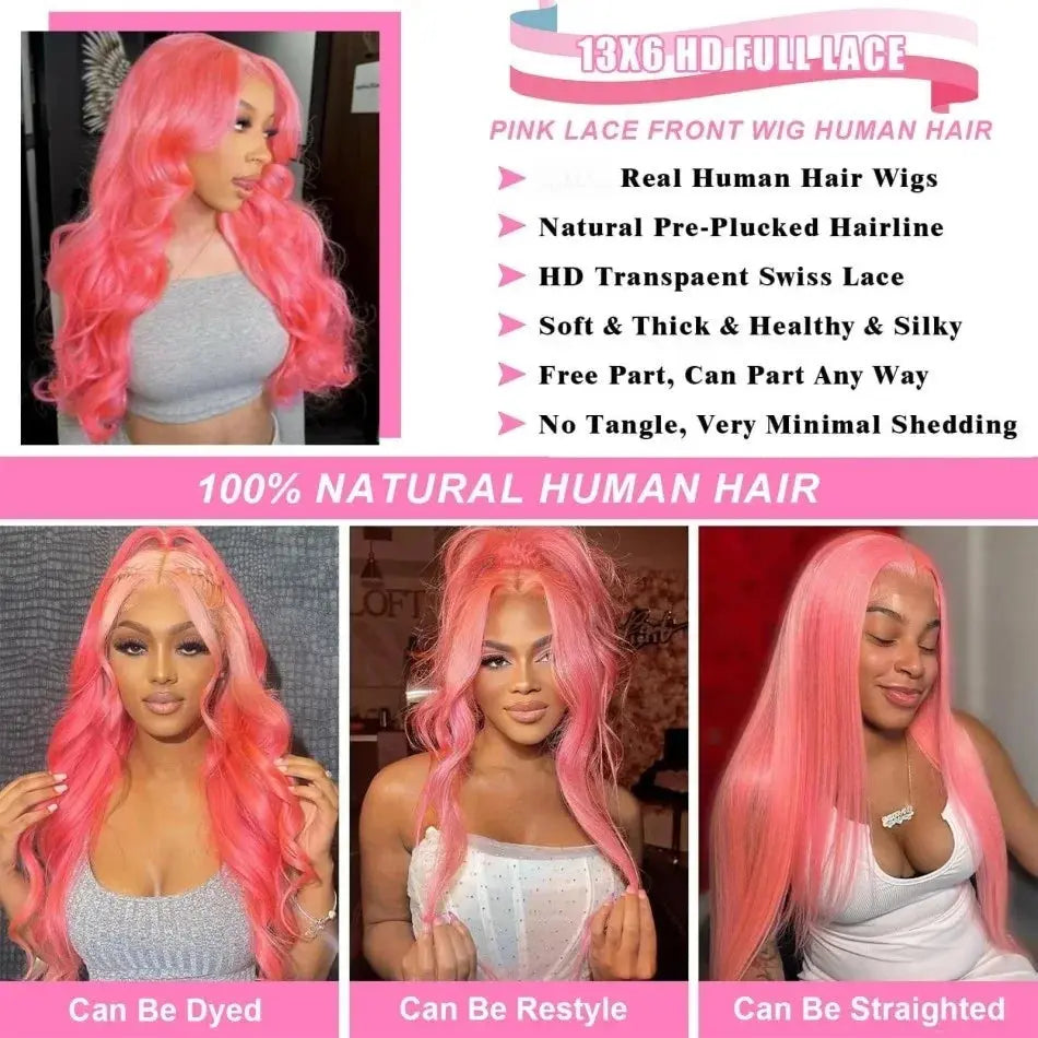 Pink Wig Body Wave Human Hair Wigs 13X4 13X6 Hd Lace Frontal Wig Brazilian Colored 30 Inch Lace Front Wigs 250 Density For Women Dropshipman