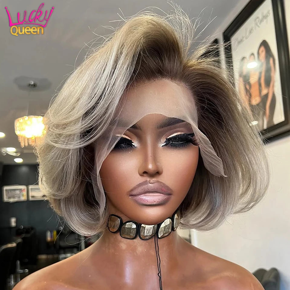 Light Gray Blonde With Brown Roots Short Bob Wig 180 Density Pre-Plucked 13x4 Lace Frontal Human Hair Wigs For Women Straight The Hair Plug