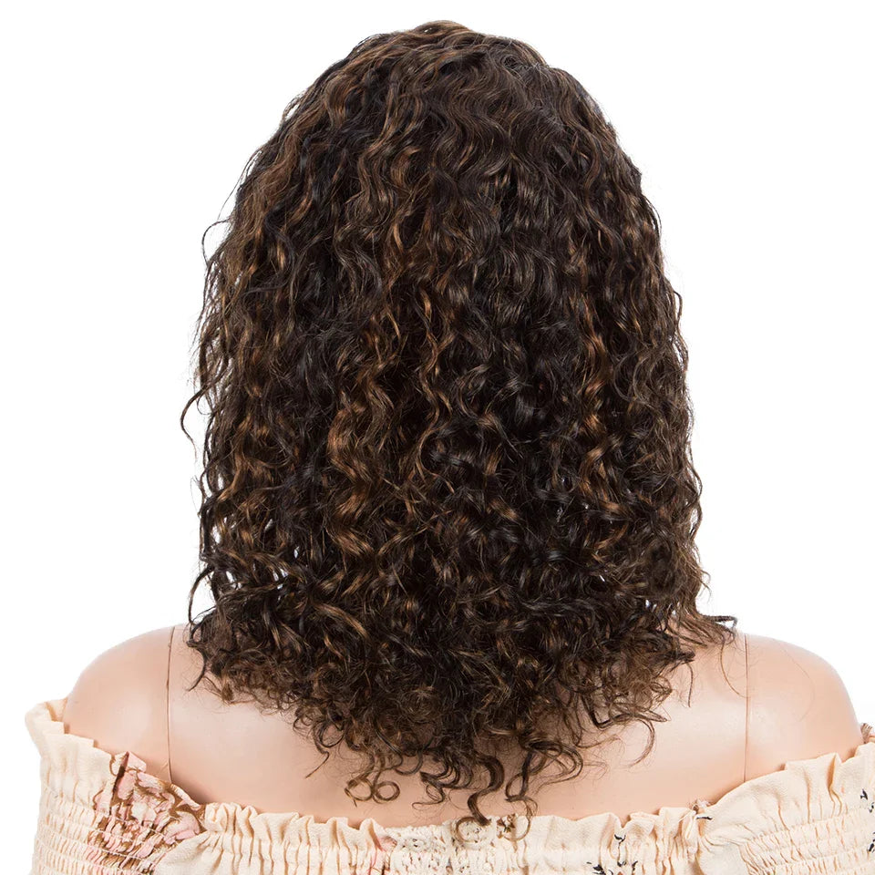 Sleek Curly Human Hair Wig | Brown Highlights | 13x1 T Part Lace Wig | Brazilian Remy Hair | Water Wave Luxegan