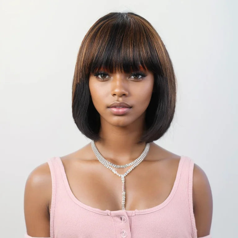 Ombre #4/27 Straight Bob Wig with Bangs | Human Hair Lace Top & Realistic Scalp Luxegan