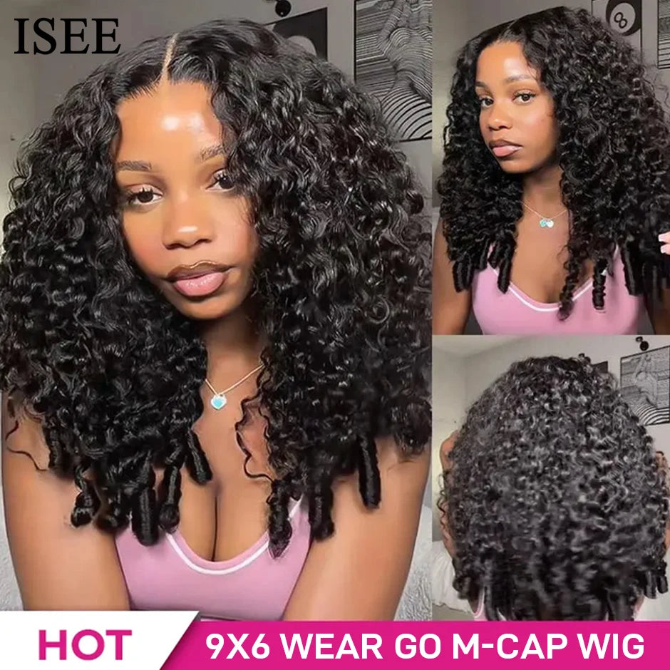 ISEE Hair 9X6  Burmese Curly Glueless Wigs Natural Black Pre Bleached Human Hair  Wig M-Cap Wear Can Go Wig Pre Cut Lace The Hair Plug