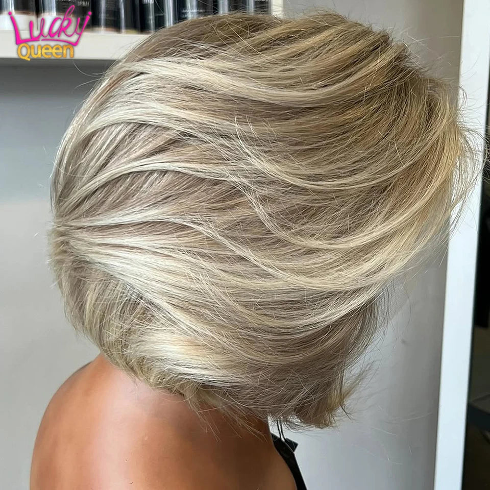 Light Gray Blonde With Brown Roots Short Bob Wig 180 Density Pre-Plucked 13x4 Lace Frontal Human Hair Wigs For Women Straight The Hair Plug