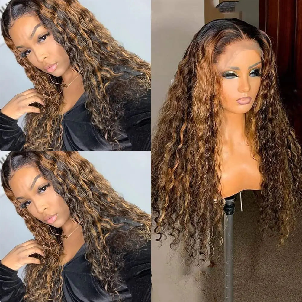 Sleek Curly Human Hair Wig | Brown Highlights | 13x1 T Part Lace Wig | Brazilian Remy Hair | Water Wave Luxegan