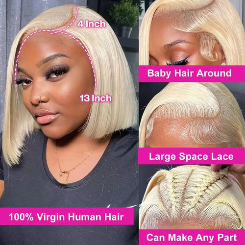 613 Blonde Short Bob Wig 13x4 HD Transparent Lace Frontal Wig Straight Hair Wig 100% Human Hair Wig 180 Density For Women The Hair Plug