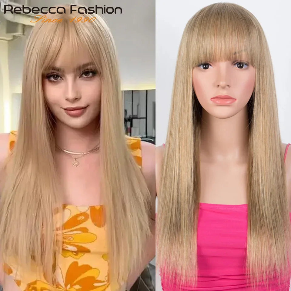 Honey Blonde Color#27/613 Straight Human Hair Wig With Bangs Highlight P4/27 For Women Brazilian Remy Hair Colored Glueless Wigs The Hair Plug