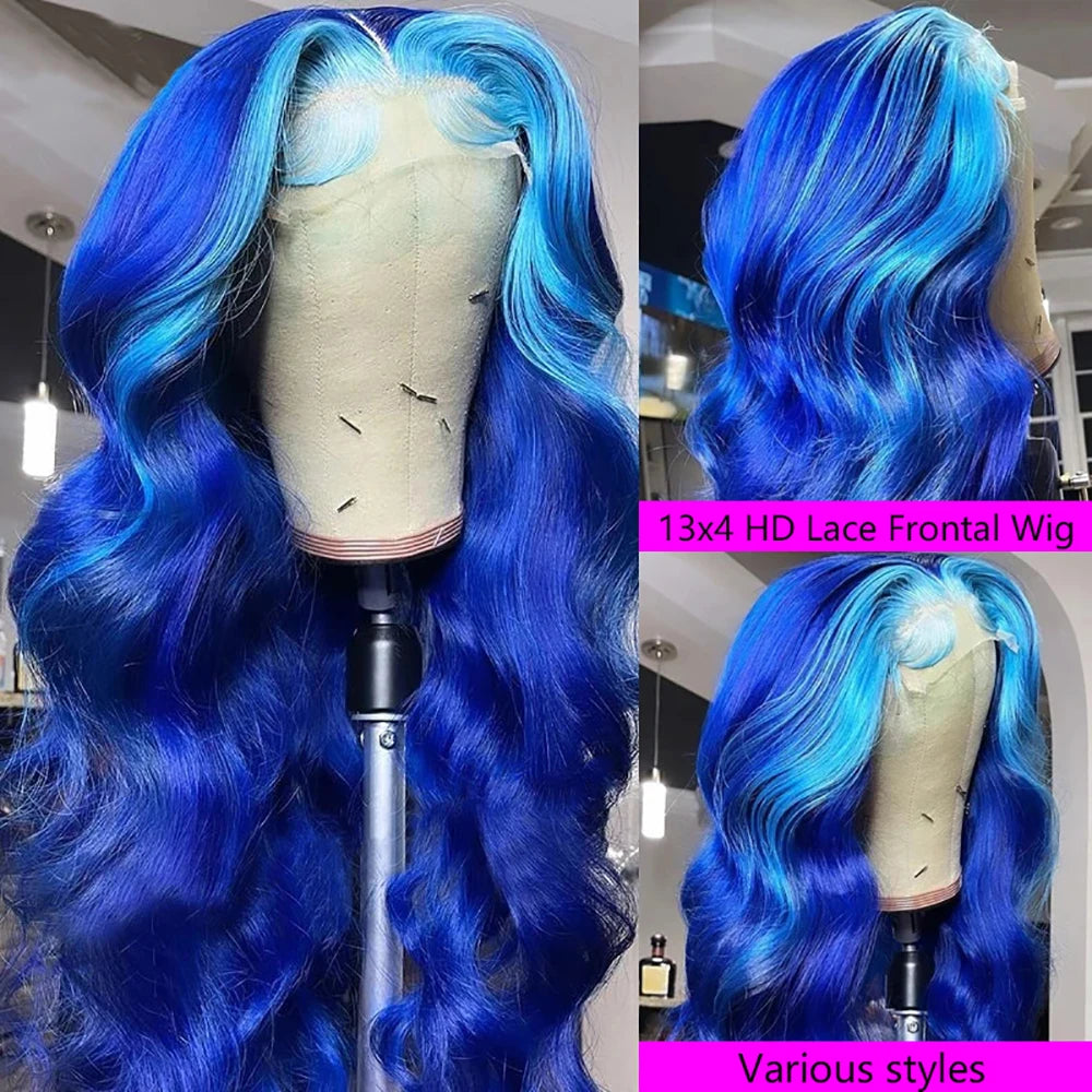 13x4 Lace Front Wig Blue Body Wave Wig Natural Highlight Blue Streak Wave Wigs for Womenen Synthetic Glueless Wigs Daily
