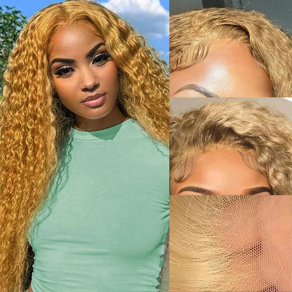 Honey Blonde Wig Human Hair Deep Wave Hd Lace Frontal Wig 13X6 Lace Front Wig Curly Colored 27 Preplucked 250 Density 30 38 Inch