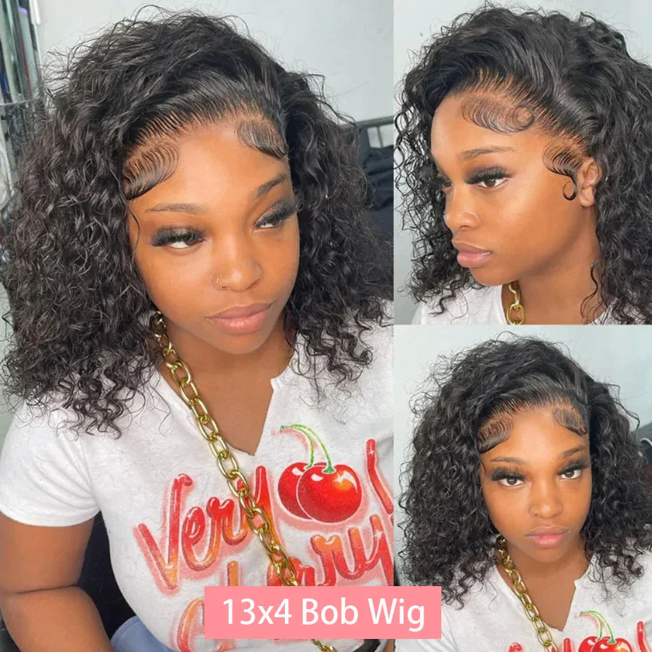 200% Density Short Curly Bob Wigs 13x4 Lace Front 4x4 Closure Deep Wave Brazilian Remy Human Hair 14 Inch Luxegan